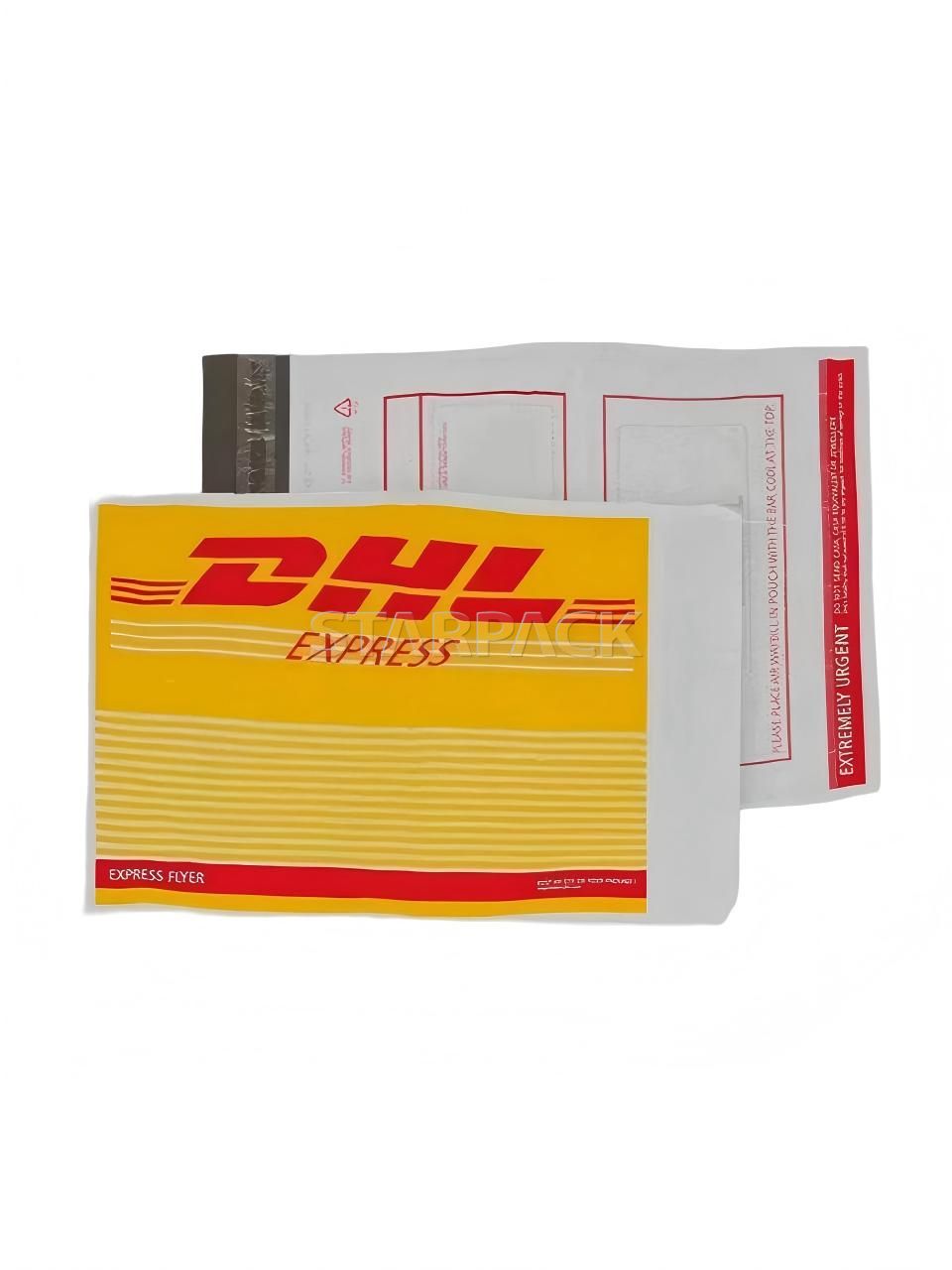 Angled shot of self-seal DHL Express poly shipping mailer for cross-border parcel delivery